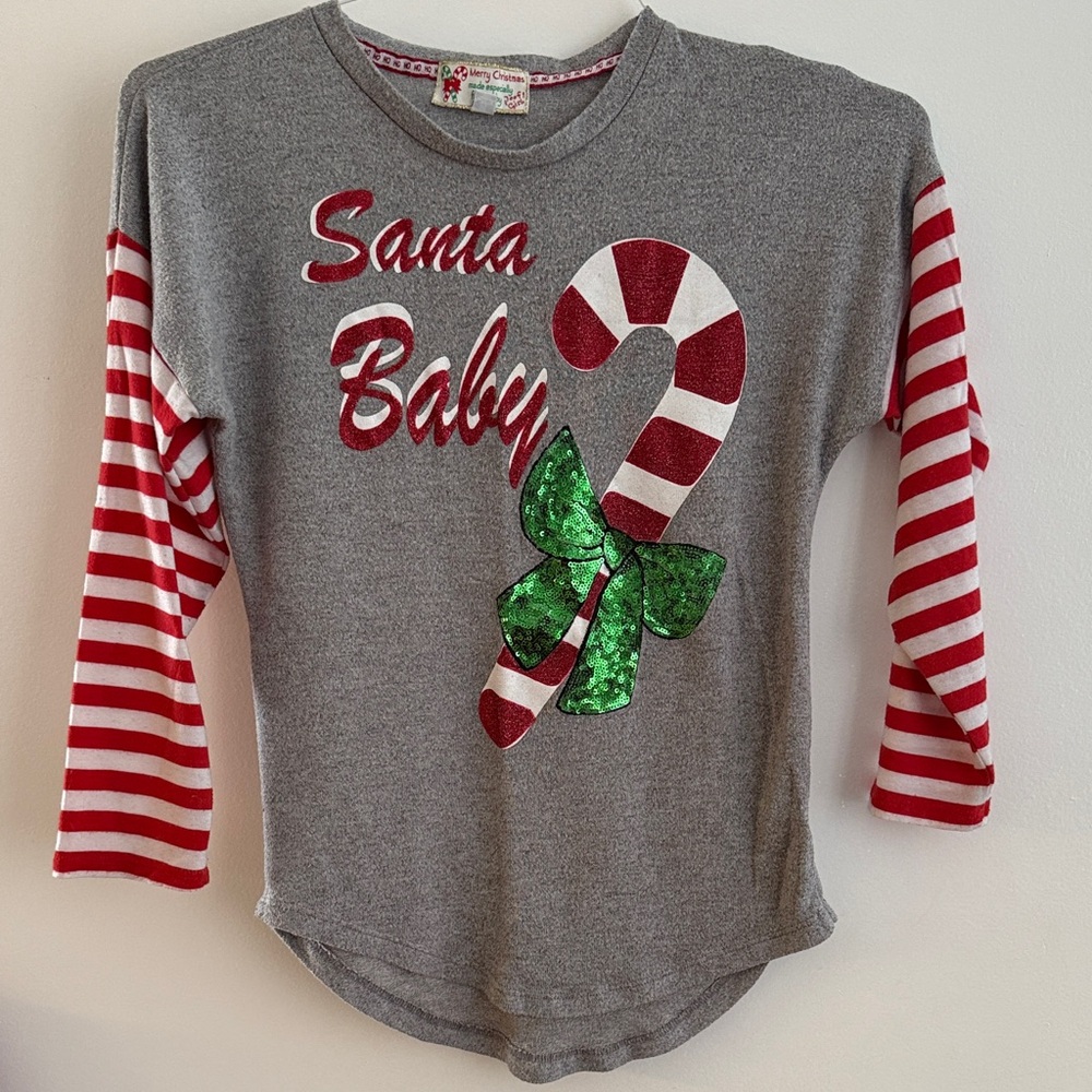 Gray Shirt with Red and white stripes Candy Cane Santa baby size 14